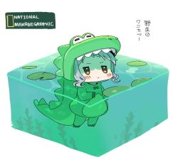blush_stickers bow commentary_request crocodile_costume eel english_text highres idolmaster idolmaster_million_live! kuudere lily_pad looking_afar makabe_mizuki national_geographic parody partially_submerged purple_hair short_hair sidelocks solo spawnfoxy tagme translation_request v-shaped_eyebrows water white_background yellow_eyes