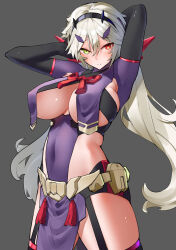 1girl absurdres armpits arms_behind_head arms_up auv_susanowo belt blush breast_curtains breasts covered_navel cowboy_shot elbow_gloves gloves green_eyes grey_background hair_between_eyes hair_ornament hairband heterochromia highres large_breasts long_hair looking_at_viewer megami_device parted_lips pelvic_curtain pouch red_eyes revealing_clothes ringobatake simple_background solo thighhighs thighs twintails variant_set white_hair