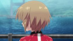 1girl animated animated_gif blurry blurry_background blush bridge brown_hair closed_eyes closed_mouth cycling_uniform dot_nose facing_away facing_viewer female_focus green_eyes hair_blowing head_tilt kurata_ami long_riders! open_mouth outdoors smile solo standing talking teeth water