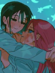 2girls absurdres alien_stage baryumejuya black_hair blue_background bruise bruise_on_face choker commentary hashtag-only_commentary highres hug injury long_hair long_sleeves looking_at_another mizi_(alien_stage) multiple_girls pink_hair purple_eyes shooting_star short_hair smile star_(symbol) sua_(alien_stage) tears white_choker