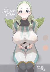 1girl absurdres ball blush braid closed_mouth covered_erect_nipples eyelashes green_eyes green_hair grey_background guel highres holding holding_ball inazuma_eleven inazuma_eleven_(series) large_areolae light_green_hair long_hair looking_at_viewer mini_wings see-through_clothes signature simple_background sitting soccer_ball solo tsurumi_kazane wings