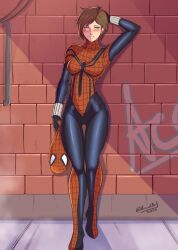 1girl 2025 absurdres accidart animal_print arm_behind_head arm_up artist_name blue_bodysuit blue_eyes blush bodysuit breasts brick_wall brown_hair cable commentary commission english_commentary full_body graffiti highres holding holding_mask looking_at_viewer marvel mask mayday_parker medium_breasts multicolored_bodysuit parted_lips red_bodysuit red_mask short_hair sidelighting signature skin_tight smile solo spider-girl spider-man_(series) spider_print spider_web_print standing superhero_costume teeth twitter_username two-tone_bodysuit unworn_mask