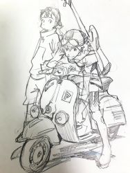 1boy 1girl boat flcl gainax gloves guitar haruhara_haruko helmet highres instrument motor_vehicle motorcycle motorcycle_helmet nandaba_naota production_ig sadamoto_yoshiyuki scooter sketch standing traditional_media vehicle vespa watercraft