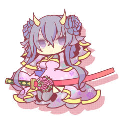 1girl black_hair black_pantyhose breasts chibi emil_chronicle_online empty_eyes flower hair_flower hair_ornament homurabi izanami_(eco) japanese_clothes katana kimono large_breasts long_hair pantyhose purple_eyes sword weapon white_background