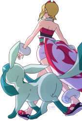 Rule 34 | 1girl, anklet, blonde hair, bracelet, commentary request, from below, gen 4 pokemon, glaceon, hairband, highres, irida (pokemon), jewelry, nintendo, pokemon, pokemon (creature), pokemon legends: arceus, sasami 642, sash, shirt, shoes, short hair, shorts, shoulder blades, standing, waist cape, walking, white background
