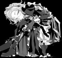 1boy aotsuki_eito black_background boot_knife crossdressing full_body glasses highres knife limited_palette looking_at_viewer maid maid_headdress male_focus parted_hair purple_eyes simple_background solo solo_focus the_hundred_line_-last_defense_academy- white_hair