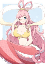 1girl bikini blue_background blue_eyes blush breasts bubble cleavage commentary_request earrings fish_hair_ornament hagoromo hair_ornament highres jewelry long_hair mermaid monster_girl one_eye_closed one_piece pink_hair shawl shirahoshi sidelocks smile solo swimsuit tears very_long_hair ww05705754 yellow_bikini
