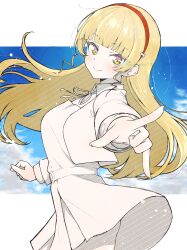 Rule 34 | 1girl, \m/, ass peek, blonde hair, blue sky, blunt bangs, breasts, collared shirt, commentary, curled fingers, dress, dress shirt, green eyes, greyscale with colored background, hairband, heanna sumire, highres, jacket, katsuragi (webmaster909), letterboxed, love live!, love live! superstar!!, medium breasts, neck ribbon, open clothes, open jacket, outside border, pinafore dress, pleated dress, red hairband, ribbon, school uniform, shirt, short dress, sky, sleeveless, sleeveless dress, solo, spot color, twitter username, winter uniform, yuigaoka school uniform