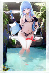 1girl :d absurdres alternate_costume armpit_crease ayaka_(genshin_impact) bare_shoulders bikini black_bikini black_choker black_gloves blue_hair border breasts chinese_commentary choker commentary detached_sleeves eggs_zero fingerless_gloves folding_fan genshin_impact gloves gold_choker hair_ribbon halterneck hand_fan hands_up highres holding holding_fan jewelry lace lace_choker leaf long_hair looking_at_viewer mole mole_under_eye multi-strapped_bikini navel neck_ring o-ring o-ring_bottom open_mouth purple_eyes ribbon sidelocks sitting sitting_on_stairs small_breasts smile soaking_feet solo stairs stomach string_bikini swimsuit thigh_strap thighs tress_ribbon water white_border wide_sleeves