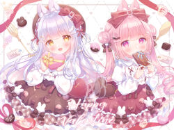 2girls :d animal_ear_fluff animal_ears bat_hair_ornament black_bow black_hat blush bow box brown_hat brown_skirt carrot_hair_ornament chocolate collared_shirt commentary_request covered_mouth cowboy_shot dated double_bun drawn_food drawn_strawberry earrings food food-themed_bag food-themed_clothes food-themed_hair_ornament fork frilled_skirt frills gift gold_earrings hair_bow hair_bun hair_ornament happy_valentine hat heart heart-shaped_bag heart-shaped_box heart_earrings holding holding_gift jewelry long_hair long_sleeves looking_at_viewer multiple_girls name_tag omochi_monaka open_mouth original pink_eyes pink_hair puffy_long_sleeves puffy_sleeves rabbit_ears red_bow red_ribbon red_skirt ribbon shirt signature skirt smile spoon standing twintails valentine very_long_hair white_hair white_shirt yellow_eyes