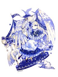 1girl absurdres acrylic_paint_(medium) animal artist_name bird blonde_hair blue_capelet blue_eyes blue_shoes blush bright_pupils capelet carousel closed_eyes closed_mouth clothed_animal cloud constellation_print crescent crystal dress dutch_angle female_focus flag flying frilled_capelet frilled_dress frilled_sleeves frills full_body gem hand_up highres jewelry layered_dress light_blush long_hair long_sleeves multicolored_eyes on_cloud original painting_(medium) shoes signature simple_background sitting solo star_(symbol) susutouka swan topaz_(gemstone) traditional_media very_long_hair wavy_hair white_background white_dress white_pupils yellow_eyes yellow_gemstone