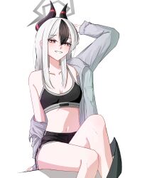 1girl absurdres black_hair black_horns black_shoes black_sports_bra black_wings blue_archive breasts breasts_apart collarbone collared_shirt demon_horns grey_shirt hair_between_eyes halo hand_up hashtag-only_commentary highres hit_by_hit horns kayoko_(blue_archive) long_hair long_sleeves looking_at_viewer mole mole_on_collarbone multicolored_hair navel red_eyes shirt shoes single_off_shoulder single_wing sitting small_breasts smile solo sports_bra stomach two-tone_hair white_hair wings