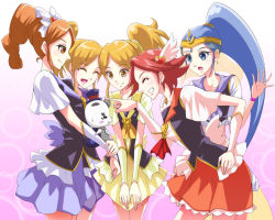 10s 5girls blue_eyes blue_hair blue_skirt bow brooch brown_eyes brown_hair closed_eyes creature cure_gonna cure_katyusha cure_katyushа cure_nile cure_pantaloni cure_southern_cross grin hair_bow hair_ornament happinesscharge_precure! hat heart heart_brooch heart_hair_ornament high_ponytail highres jewelry long_hair magical_girl multiple_girls phanphan_(happinesscharge_precure!) phantom_(happinesscharge_precure!) ponytail precure purple_skirt red_hair red_skirt short_hair siblings side_ponytail sisters skirt smile top_hat twins yellow_skirt zwei_(santanawamuujojo)