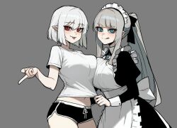 2girls :p :q apron asymmetrical_docking black_dress black_shorts blue_eyes blue_gemstone blush breast_press breasts closed_mouth collared_dress cowboy_shot dolphin_shorts dress frilled_apron frills gem grey_background grey_hair hair_between_eyes index_finger_raised juliet_sleeves large_breasts long_hair long_sleeves looking_at_viewer maid maid_(gogalking) maid_apron maid_headdress micro_shorts multiple_girls navel original pointy_ears ponytail puffy_sleeves red_eyes rusellunt shirt short_hair short_sleeves shorts simple_background split_mouth standing t-shirt tongue tongue_out vampire&#039;s_sister_(gogalking) very_long_hair white_apron white_shirt