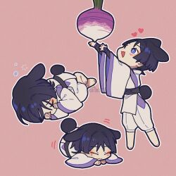 1boy animal_ears barefoot belt black_belt black_hair blue_eyes blunt_ends carbuncly closed_mouth ears_down eyeliner eyeshadow genshin_impact hair_between_eyes japanese_clothes kariginu kimono light_blush long_sleeves lying makeup multiple_views on_side on_stomach open_mouth outstretched_arms pants parted_bangs pink_background rabbit_ears rabbit_tail radish red_eyeliner red_eyeshadow rubbing_eyes scaramouche_(genshin_impact) scaramouche_(kabukimono)_(genshin_impact) tail white_kimono white_pants wide_sleeves