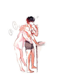 1boy 1girl arcueid_brunestud bare_legs bare_shoulders black_hair blonde_hair brushing_teeth couple from_behind glass hug muscular muscular_male numuhe scar scar_on_chest shirt short_hair sketch tohno_shiki tsukihime tsukihime_(remake) underwear