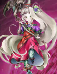 Rule 34 | 1girl, absurdres, blonde hair, dress, flower, green eyes, hair flower, hair ornament, highres, holding, holding staff, kid icarus, kid icarus uprising, long hair, looking at viewer, nemu (ut kakinotane), nintendo, ponytail, purple background, red dress, sandals, solo, staff, straight-on, very long hair, viridi