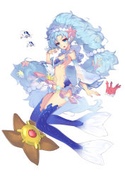 1girl absurdres blue_eyes blue_hair breasts corsola creatures_(company) fins game_freak gen_1_pokemon gen_2_pokemon gen_7_pokemon highres long_hair monster_girl nintendo open_mouth personification pokemon pokemon_(creature) primarina seashell shell simple_background small_breasts starfish staryu very_long_hair white_background wishiwashi zhu_fun