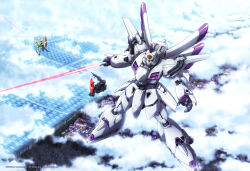 absurdres artist_request battle beam_rifle beam_shield cloud crossbone_vanguard den&#039;an_gei duel emblem energy_beam energy_gun energy_sword firing flying gundam gundam_f91 gundam_perfect_file heavygun highres machinery mecha mecha_focus mobile_suit o&#039;neill_cylinder official_art realistic robot roundel scan science_fiction shield space_habitat spacecraft_interior sword translation_request vigna_ghina weapon