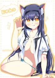 1girl :3 :q animal_ear_fluff animal_ears areola_slip arm_support blush bone_hair_ornament breasts cat_ears cat_girl claw_pose cleavage closed_mouth collarbone commentary_request curvy eyes_visible_through_hair full_body hair_between_eyes hair_ornament hand_up highres kemonomimi_mode kushima_kamome large_breasts leaning_forward long_hair looking_at_viewer navel no_bra no_pants official_alternate_costume open_clothes open_shirt outline panties puffy_short_sleeves puffy_sleeves sailor_collar school_uniform serafuku shiny_skin shirt short_sleeves sidelocks simple_background sitting skull_and_crossbones skull_hair_ornament smile solo sparkle speech_bubble split_mouth stomach straight_hair striped_clothes striped_panties summer_pockets summer_pockets_school_uniform thighs tongue tongue_out twitter_username underwear upturned_eyes very_long_hair white_background white_sailor_collar white_shirt yaki-ayato yellow_eyes yellow_outline yokozuwari