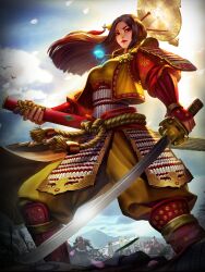 Rule 34 | 1girl, amaterasu (smite), armor, artist request, brown eyes, brown hair, hair ornament, hairpin, holding, holding sword, holding weapon, japanese armor, smite, solo, sword, weapon