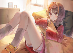 1girl 1ruq absurdres blush brown_hair closed_mouth commentary grey_hoodie grey_socks grid_print head_on_pillow highres holding holding_pillow hood hood_down hoodie indoors jacket knees_up long_sleeves looking_at_viewer medium_hair official_alternate_costume on_bed orange_eyes orange_slippers pillow red_jacket sendo_yuuhi sendo_yuuhi_(2nd_costume) short_shorts shorts sleep_mask slippers smile socks solo virtual_youtuber vspo! white_shorts wide_sleeves