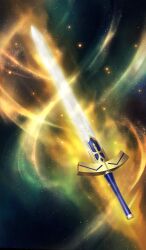 commentary excalibur_(fate/stay_night) fate/grand_order fate_(series) glowing lasengle light_particles light_trail no_humans official_art still_life sword third-party_source weapon weapon_focus