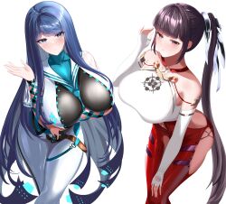 2girls absurdly_long_hair absurdres alternate_breast_size aqua_sailor_collar arm_ribbon arm_under_breasts black_hair blue_eyes blue_hair bodysuit breasts crossover elbow_gloves eve_(neurolink_suit)_(nikke) eve_(stellar_blade) fingerless_gloves gloves goddess_of_victory:_nikke highres huge_breasts impossible_bodysuit impossible_clothes long_hair multiple_girls official_alternate_costume open_hand ponytail raven_(planet_diving_suit_(6th)_v2)_(nikke) raven_(stellar_blade) ribbon sailor_collar see-through_clothes see-through_sleeves shift_up solo stellar_blade very_long_hair white_background wilhelmina_bd2
