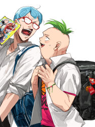 Rule 34 | 2boys, backpack, bag, bag charm, black bag, blue bag, blue hair, character name, charm (object), collared shirt, commentary, commentary request, formaggio, ghiaccio, glasses, green hair, highres, holding, holding manga, illuso, jojo no kimyou na bouken, looking at another, magazine (object), male focus, manga (object), mohawk, multiple boys, open mouth, orion on rio, pesci, pink shirt, red-framed eyewear, risotto nero, school bag, shirt, short hair, short sleeves, smile, sweatdrop, teeth, tongue, upper body, v-shaped eyebrows, vento aureo, white background, white shirt