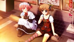 2girls apron asymmetrical_legwear belt belt_buckle black_bow black_choker black_dress black_pantyhose black_shoes bow bowtie breasts broom brown_belt brown_hair buckle choker closed_eyes closed_mouth collarbone dress flagpole food frilled_apron frilled_dress frills fumio_(ura_fmo) game_cg grisaia_(series) grisaia_no_rakuen hair_bow holding holding_food holding_popsicle irisu_makina juliet_sleeves komine_sachi large_variant_set long_sleeves looking_at_another maid maid_headdress mismatched_legwear multiple_girls non-web_source official_art outdoors pantyhose parking_lot pink_hair plaid_clothes plaid_dress popsicle puffy_sleeves red_bow red_bowtie red_dress red_eyes shirt shoes short_dress short_hair short_sleeves short_twintails sitting storefront striped_clothes striped_thighhighs thighhighs twintails variant_set waist_apron white_apron white_shirt yellow_thighhighs