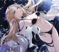 1girl alternate_costume asaba_(asaba_6771) bare_shoulders bikini black_bikini blonde_hair blue_eyes breasts cartethyia_(wuthering_waves) collarbone commentary crown_of_thorns earrings hashtag-only_commentary jewelry long_hair looking_at_viewer medium_breasts navel parted_lips pointy_ears side-tie_bikini_bottom sidelocks solo stomach swimsuit swimsuit_cover-up tacet_mark_(wuthering_waves) thighs underwater very_long_hair wuthering_waves