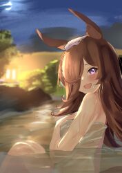 1girl animal_ears blurry blurry_background blush commentary_request fence hair_over_one_eye highres horse_ears horse_girl long_hair looking_at_viewer onsen open_mouth plant rice_shower_(umamusume) sky solo takinii towel towel_on_head umamusume water wet