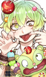 1boy asymmetrical_eyes bracelet candy candy_apple checkered_clothes food green_eyes green_hair happy_tree_friends highres ice_cream jewelry kyomuusagi lollipop male_focus nutty_(happy_tree_friends) open_mouth short_hair squirrel_boy tongue tongue_out white_background