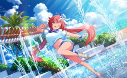 1girl arm_up beach blue_eyes dark_skin dot_nose eyebrows eyelashes game_cg hair_between_eyes hand_up head_tilt highres idol long_hair navel official_art one_eye_closed open_mouth red_hair shirt shorts solo standing standing_on_one_leg stomach thighs tongue very_long_hair water white_shirt wink world_dai_star yonaguni_hikari