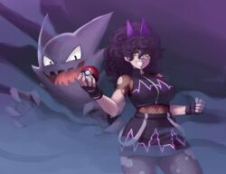 Rule 34 | bodystocking, bow, breasts, curly hair, fishnet bodystocking, fishnets, geejaydraws, gen 1 pokemon, gloves, green eyes, grin, hair bow, haunter, highres, large breasts, nintendo, original, poke ball, pokemon, ponytail, purple hair, self-upload, smile, sportswear, wavy hair, zipper