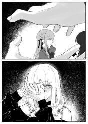 3girls absurdres bang_dream! bang_dream!_it&#039;s_mygo!!!!! clothing_cutout collared_shirt commentary_request doloris_(bang_dream!) dress gloves greyscale hair_ribbon highres kaeru_(kaeee41917105) long_hair long_sleeves medium_hair misumi_uika monochrome multiple_girls oblivionis_(bang_dream!) ribbon shirt shoulder_cutout timoris_(bang_dream!) togawa_sakiko two_side_up yahata_umiri