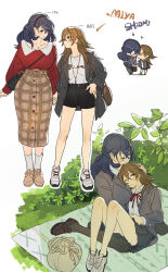 2girls 404no2929 black_pantyhose black_shorts black_skirt blush brown_hair brown_shoes brown_skirt chibi collared_shirt commentary_request grey_jacket head_on_chest height height_difference highres jacket jewelry kiss long_hair long_sleeves miya_(404no2929) multiple_girls neck_ribbon necklace no_socks original outdoors pantyhose picnic_blanket plaid_clothes plaid_skirt pleated_skirt purple_hair red_ribbon red_shirt ribbon shion_(404no2929) shirt shoes shorts simple_background sitting sitting_on_lap sitting_on_person skirt sneakers white_background white_shirt white_shoes yuri