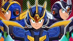 1boy android armor blue_armor blue_helmet character_profile chest_jewel commission forehead_jewel from_side green_eyes helmet jewelry looking_at_viewer male_focus mechanical_wings mega_man_(series) mega_man_x5 mega_man_x6 mega_man_x_(series) polka_dot polka_dot_background powering_up robot robot_ears serious smile solo sprinqgueen ultimate_armor_x_(mega_man) wings x_(mega_man)