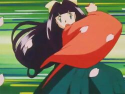 animated animated_gif blue_eyes geta hair_ribbon hakama hime_cut japanese_clothes jeanette_fisher kimono long_hair meiji_schoolgirl_uniform nintendo obi poke_ball pokemon pokemon_(anime) pokemon_(classic_anime) pokemon_ep077 purple_hair ribbon sakura_petals sash throwing throwing_poke_ball very_long_hair