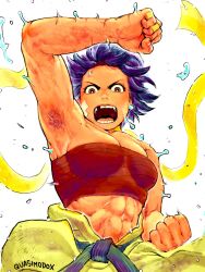 1girl abs absurdres armpit_hair armpits artist_name belt black_belt black_hair breasts chest_sarashi commentary dougi highres looking_at_viewer makoto_(street_fighter) medium_breasts missing_tooth muscular muscular_female navel open_mouth presenting_armpit quasimodox revision sarashi scar scar_on_arm screaming short_hair simple_background skindentation street_fighter street_fighter_iii_(series) sweat tan tomboy very_sweaty
