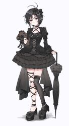 Rule 34 | 1girl, absurdres, aburi-gatana, alternate costume, antenna hair, black choker, black dress, black hair, black shoes, black thighhighs, black umbrella, choker, contrapposto, dress, frilled dress, frilled sleeves, frills, gothic lolita, high heels, highres, holding, holding stuffed toy, holding umbrella, idolmaster, idolmaster (classic), juliet sleeves, kikuchi makoto, lace, lace-trimmed legwear, lace-trimmed thighhighs, lace choker, lace trim, lolita fashion, long sleeves, looking at viewer, parasol, parted lips, puffy sleeves, purple eyes, shoes, short hair, simple background, single thighhigh, solo, standing, stuffed animal, stuffed toy, teddy bear, thighhighs, umbrella, white background