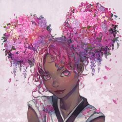 1girl artist_name closed_mouth collarbone commentary_request dark-skinned_female dark_skin floral_print flower hair_flower hair_ornament highres looking_at_viewer original parted_bangs pink_eyes pink_flower pink_hair portrait purple_flower sleeveless smile solo thick_eyebrows upper_body white_flower yuumei