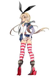 10s 1girl ass black_panties blonde_hair blush breasts covered_erect_nipples elbow_gloves female_focus gloves grabbing_own_ass hairband hands_on_ass high_heels highleg highleg_panties jpeg_artifacts kantai_collection long_hair looking_at_viewer looking_back mebae panties personification shimakaze_(kancolle) sideboob skirt small_breasts solo striped_clothes striped_thighhighs thighhighs thong underwear white_gloves