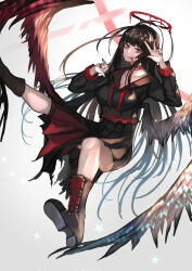 1girl absurdres black_boots black_nails black_serafuku black_skirt blood blood_halo blue_archive boots breasts commentary_request gradient_clothes gradient_skirt halo highres large_breasts liquid_halo long_hair looking_at_viewer low_wings red_skirt school_uniform serafuku skirt solo tongue tongue_out tonyblue2 tsurugi_(blue_archive) w wings
