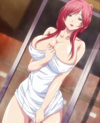 Rule 34 | 1girl, arima shiori, blue eyes, breasts, heartful maman, highres, huge breasts, large breasts, looking at viewer, mature female, older woman and younger man, pink hair, pink pineapple, red hair, stepmother, thick thighs, thighs, towel, wide hips