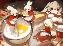 4girls :o animal_ears apron berry blush bow bowl butter capelet cooking dress egg_(food) flour food hair_bow hair_ornament hairclip highres hood hooded_capelet jam kitchen long_hair low-tied_long_hair mini_person minigirl mixing multiple_girls open_mouth original parted_lips peeking rabbit rabbit_ears rabbit_girl red_eyes shirokujira table thick_eyebrows whisk white_hair