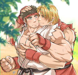 Rule 34 | 2boys, alternate facial hair, arm guards, bara, blonde hair, blush, brown hair, dougi, facial hair, goatee stubble, grabbing from behind, hand on another&#039;s chest, hand on another&#039;s head, headband, karate gi, ken masters, large pectorals, male focus, martial arts belt, multiple boys, muscular, muscular male, pectoral cleavage, pectorals, red headband, ryu (street fighter), short hair, signature, street fighter, stubble, sunfight0201, torn clothes, torn sleeves, yaoi