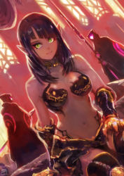 1girl 2others absurdres armor bare_shoulders bikini bikini_armor black_hair boots breasts choker earrings gauntlets green_eyes highres indoors jewelry looking_at_viewer medium_breasts medium_hair multiple_others navel okuto original pointy_ears sitting smile solo_focus swimsuit thigh_boots thighhighs warrior