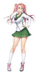 1girl breasts collarbone crossover full_body glasses green_eyes green_skirt hair_ribbon hand_on_own_hip highschool_of_the_dead large_breasts long_hair official_art pink_hair ribbon satou_shouji school_uniform shirt shoes simple_background skirt socks taimanin_(series) taimanin_rpgx takagi_saya thighs twintails white_background white_ribbon white_shirt white_socks