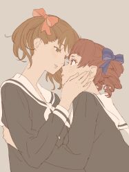 2girls 55bata6rou black_shirt blue_ribbon blush brown_eyes brown_hair drill_hair eye_contact face-to-face from_side fukuzawa_yumi grey_background hair_ribbon hand_on_another&#039;s_face highres lillian_girls&#039;_academy_school_uniform long_sleeves looking_at_another maria-sama_ga_miteru matsudaira_touko multiple_girls neckerchief orange_ribbon profile ribbon sailor_collar school_uniform shirt short_hair simple_background twintails upper_body white_neckerchief white_sailor_collar yuri